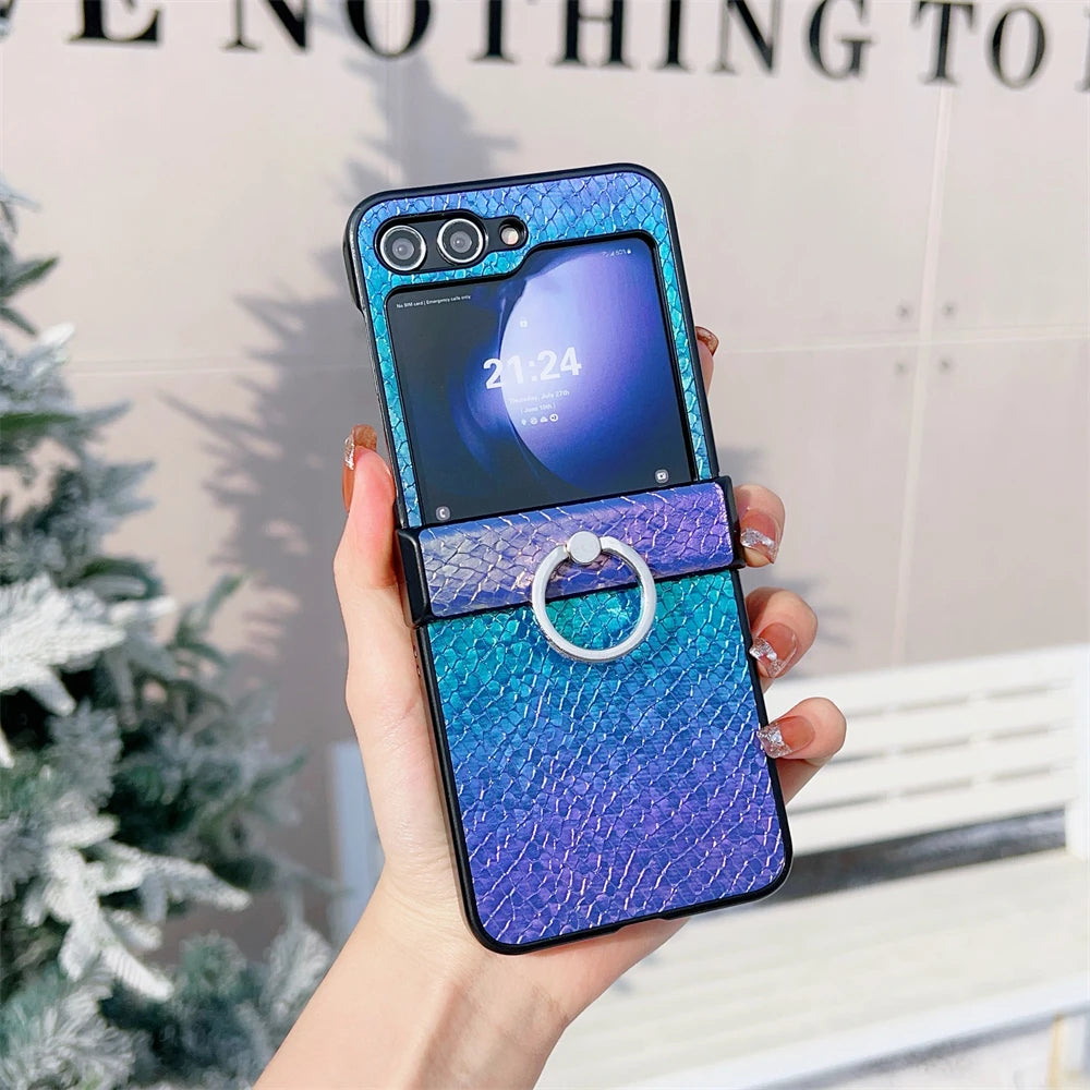 Fashion Gradient Color Cute Ring Phone Case For Samsung Galaxy Z Flip 5 4 3 Flip4 Flip3 Flip5 5G Leathers Hinge Protective Cover