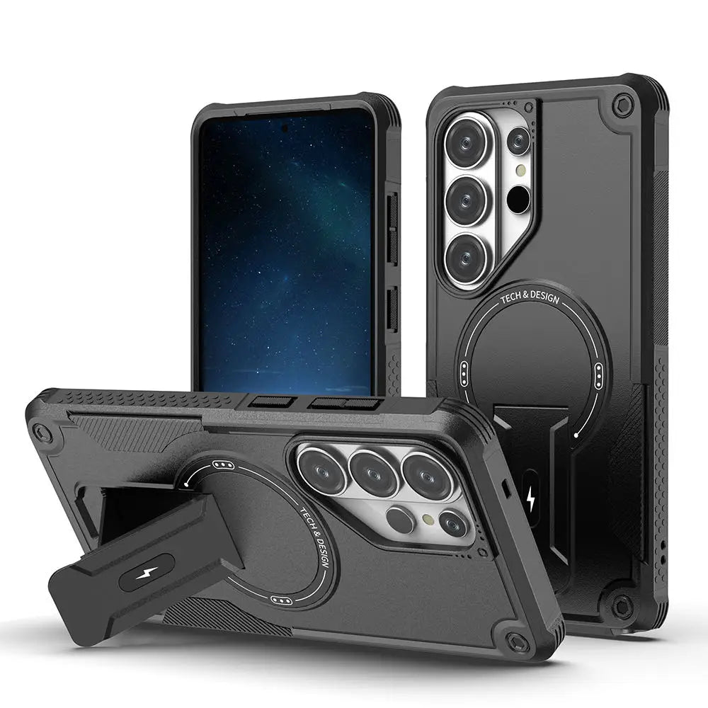 Folding Holder Armor Case For Samsung Galaxy S26 S25 S24 Ultra Plus A17 A56 A36 A54 Magnetic For Magsafe Stand Shockproof Cover