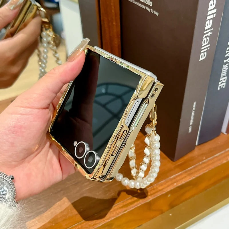 Water Waves Plated Rose Flower Texture Casing For Samsung Galaxy Z Flip 8 Case Flip7 With Pearls Bracelet Mobile Phone Cover