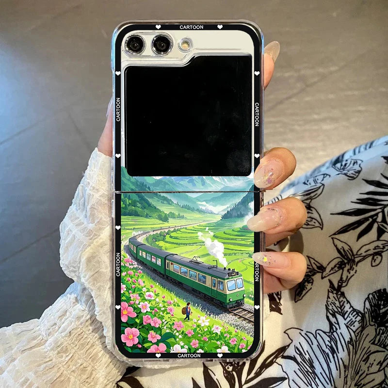 Anime Landscape Mountain Oil Painting Phone Case For Samsung Galaxy Z Flip 6 5 7 3 4 Clear Hard PC Folding Cover For Z Flip 7 5
