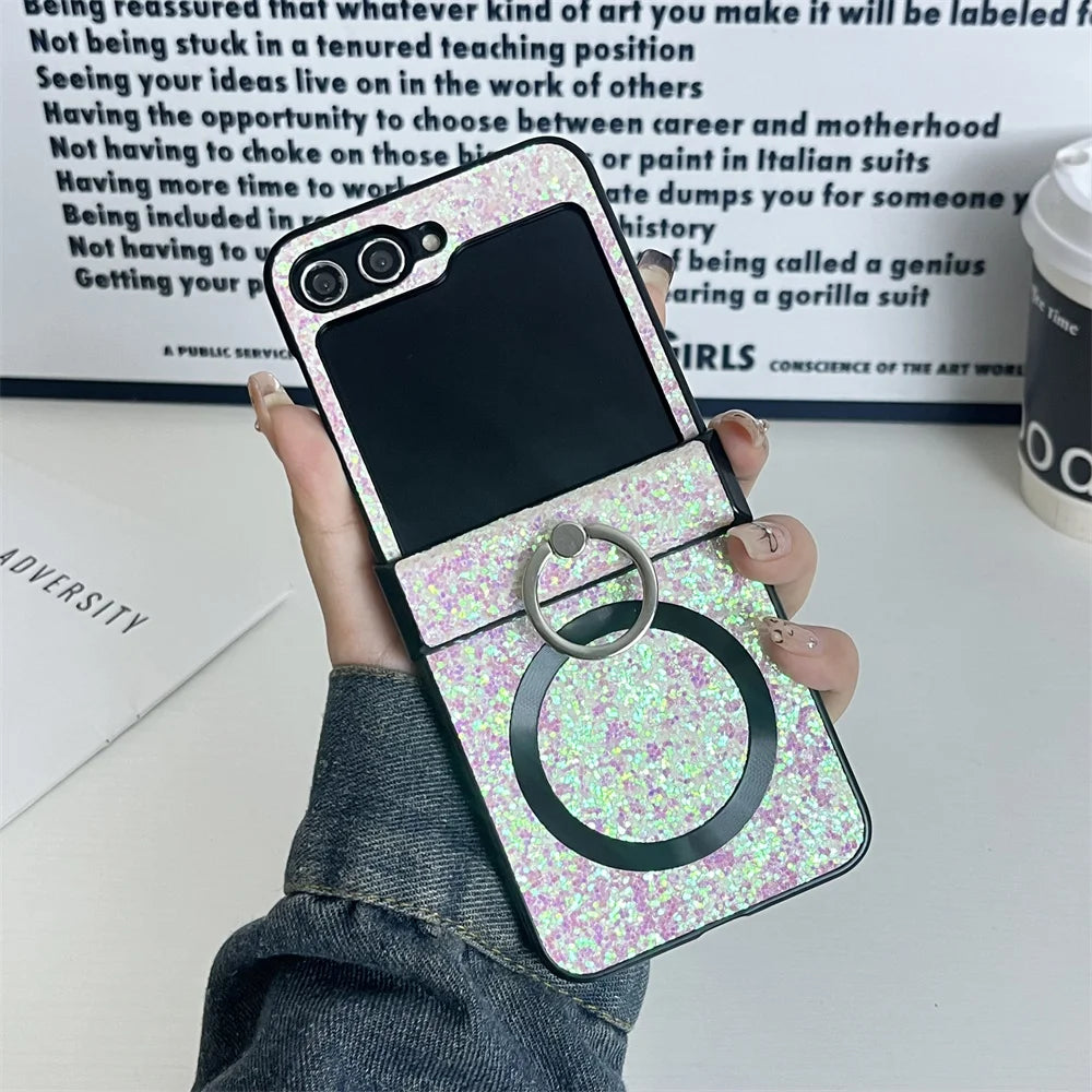 For Samsung Z Flip 7FE Ultra Thin Magnetic Finger Ring Shimmering Case For Samsung Z Flip 7 6 5 4 3 For Magsafe Shockproof Cover