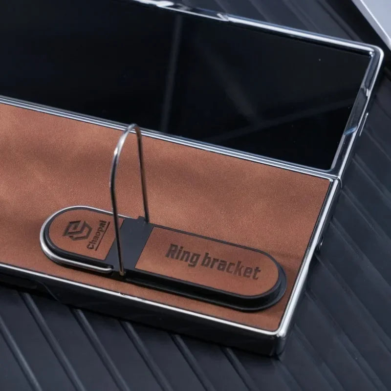 Leather Bracket Phone Case For Samsung Galaxy Z Fold 7 6 5 4 3 Electroplated Z Fold7 Fold6 Fold5 Fold4 Fold3 Protective Cover