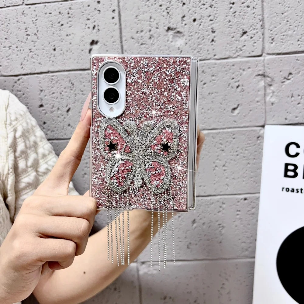 Electroplating Large Diamond Butterfly Tassel Phone Case for Samsung Z Fold 8 Ultra Z Fold 7 6 5 4 Z Flip 8 7 6 5 4 Wide Cover