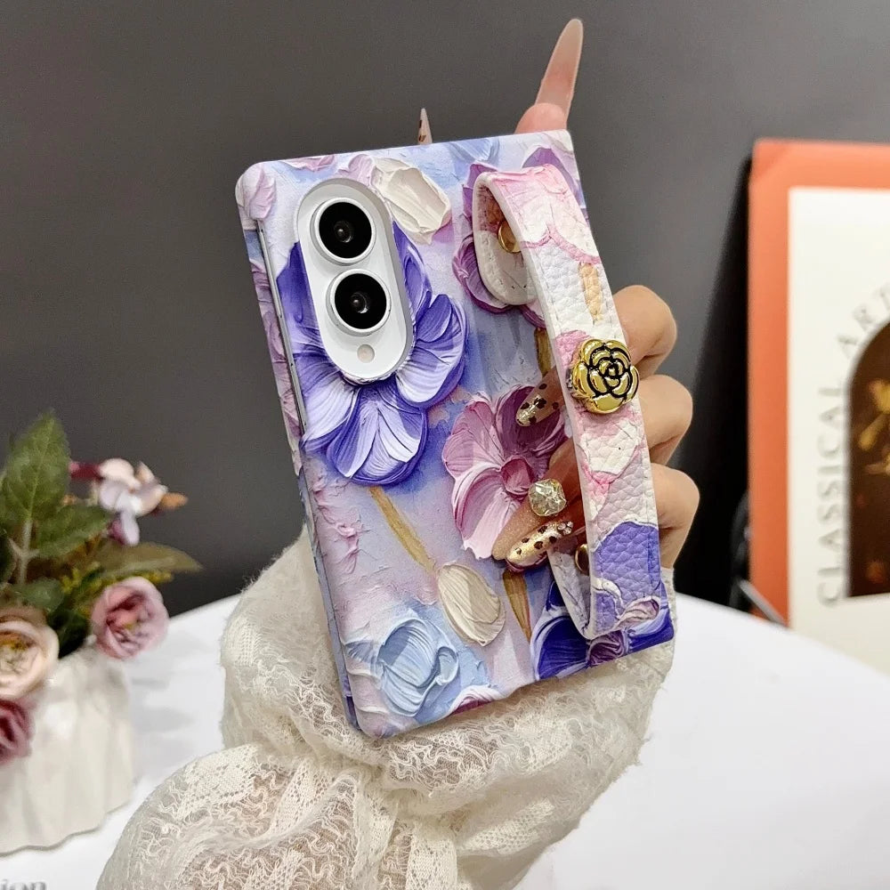 INS Relief Colorful Oil Painting Flower Lanyard All-inclusive Case For Samsung Galaxy Z Fold 8 Ultra Fold 7 Wrist Strap PC Cover