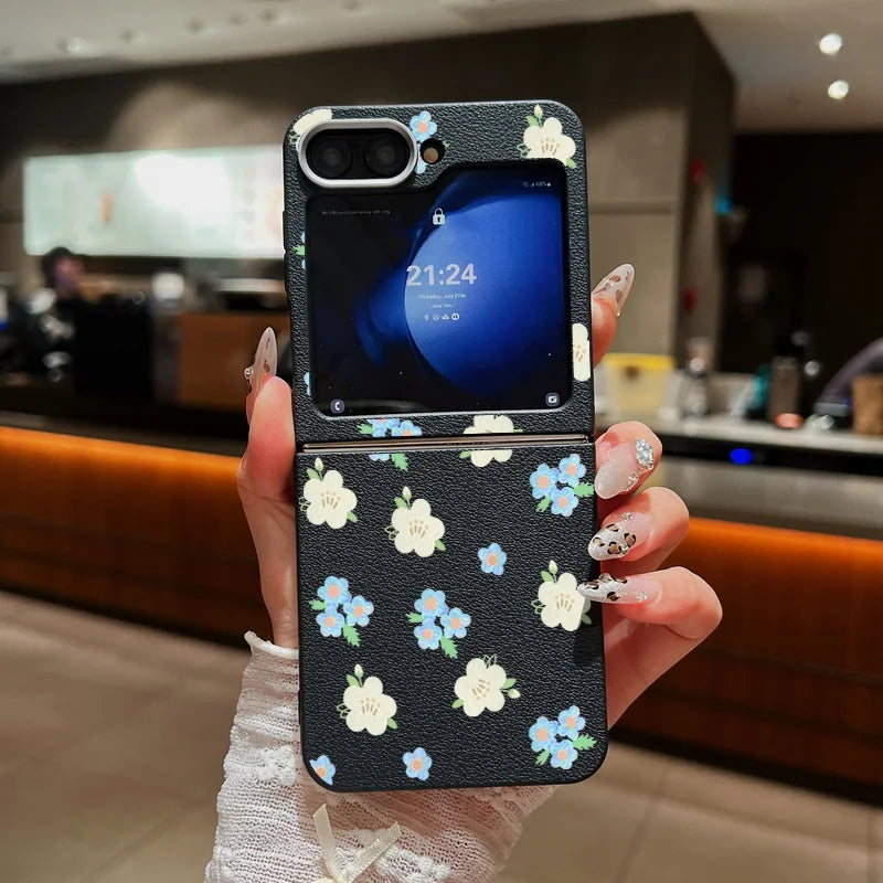 For Samsung Galaxy Z Flip 7 6 5 4 3 5G Luxury Leather Phone Case Retro Flowers Soft TPU Folding Cover For Samsung Z Flip5 Flip3