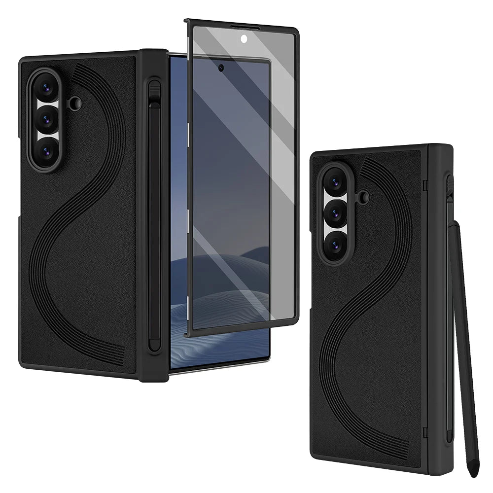 PU Leather Glass Film Pen Slot with Pen Phone Case for Samsung Galaxy Z Fold 7 6 Fold6 Fold7 Hinge Protection Cover