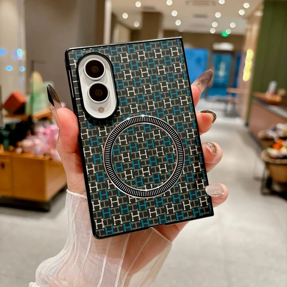 For Magsafe Magnetic Phone Case For Samsung Galaxy Z Fold 8Ultra Double Axis Rainbow Bridge Leather Grain Hinge Shockproof Cover