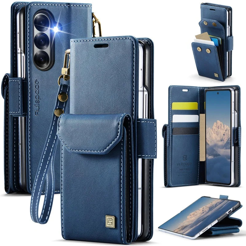 Wrist Strap Leather Wallet Phone Case for Samsung Galaxy Z Fold 8 Ultra 7 6 5 Fold8 Fold7 Fold6 Cards Holder Funda Cover Hoseje