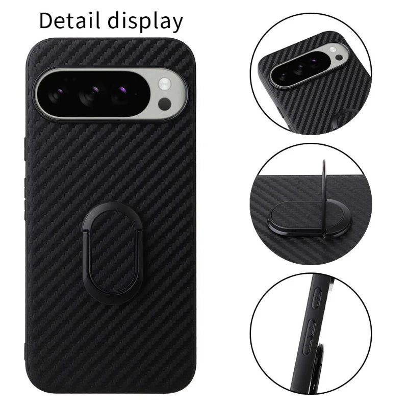 For Google Pixel 10 Pro 8 7 6 9 Pro XL 9A 8A 7A Leather Case With Finger Ring Holder Carbon Fiber Saffiano Leopard Print Cover