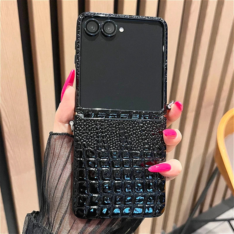Luxury Crocodile Leather Case for Samsung Galaxy Z Flip 8 7 6 5 4 3 5G ZFlip7 FE ZFlip8 Alligator Pattern Shockproof Cover Funda