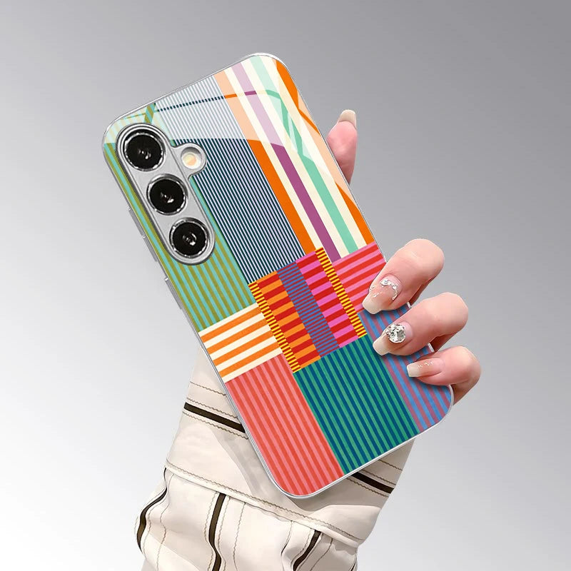 Color Stripe Pattern 2D Phone Case for Samsung S26 S25 S24 S23 S22 S21 S20 A56 A36 A16 - Electroplated Glass Protective Cover
