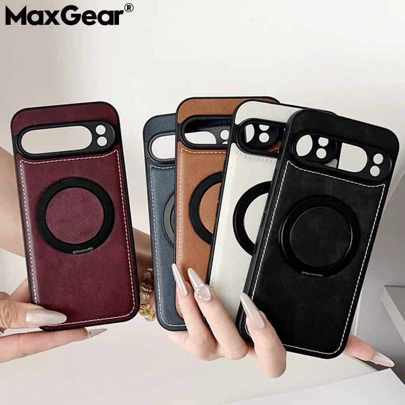 Luxury Leather Rotating Bracket Magnetic For Magsafe Case For Google Pixel 10 9 8 7 6 Pro 5 4 3 XL 3A 4A 5A 6A 7A 8A 9A 5G Cover