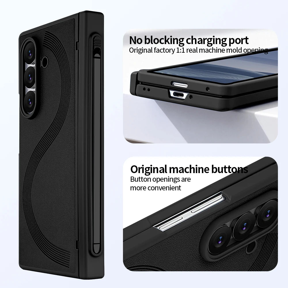 PU Leather Glass Film Pen Slot with Pen Phone Case for Samsung Galaxy Z Fold 7 6 Fold6 Fold7 Hinge Protection Cover