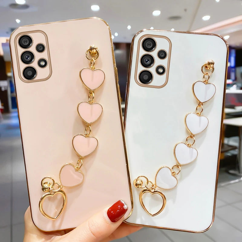 Fashion Plating Love Heart Bracelet Chain Case For Samsung Galaxy S25 S24 Ultra S23 S22 Plus S21 S20 FE Shockproof Back Cover