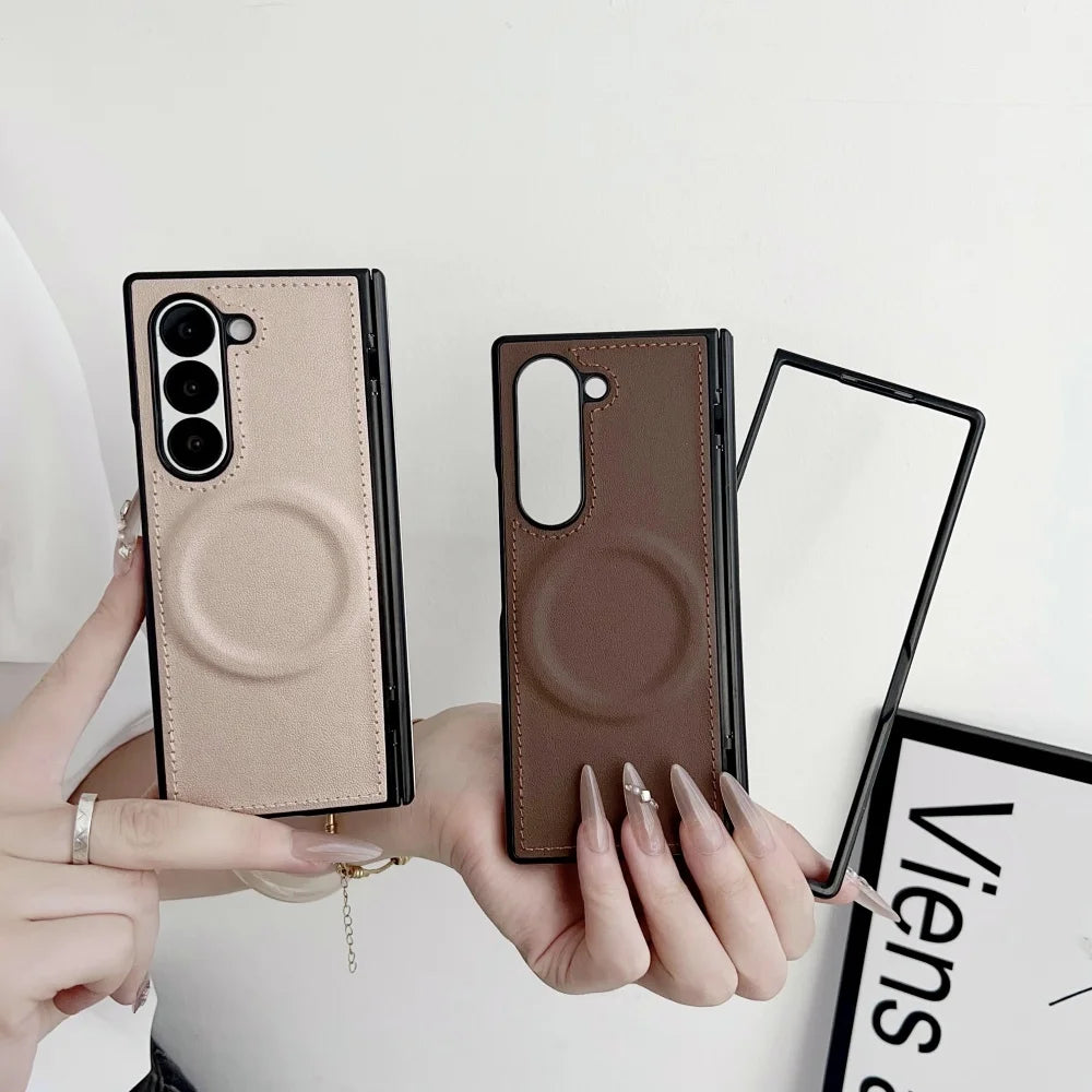 For Samsung Z Fold 7 Leather for Magsafe Wireless Charge Case For Samsung Galaxy Z Fold 7 6 5 4 3 Hinge Protect Armor 2in1 Cover