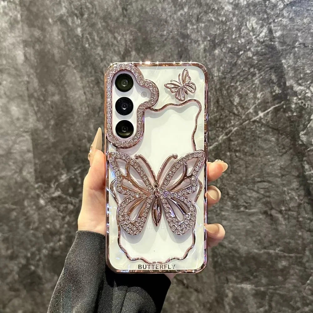 Bright Diamond Butterfly Case For Samsung Galaxy S25 S24 S23 S22 Plus Ultra A16 A26 A36 A56 A07 A17 A06 A55 A05S Clear Cover
