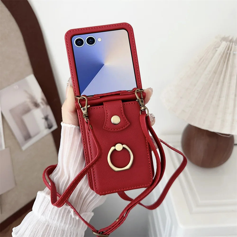 Ring Card Holder Leather Wallet Phone Case for Samsung Galaxy Z Flip 7 6 5 4 3 Flip7 FE Finger Crossbody Protective Cover