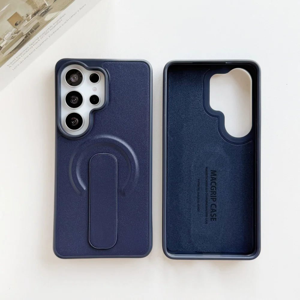 PU Leather Ring Adjustable Bracket Magnetic Case For Samsung Galaxy S26 S25 S24 Ultra Plus S26+ S26 for Magsafe Shockproof Cover