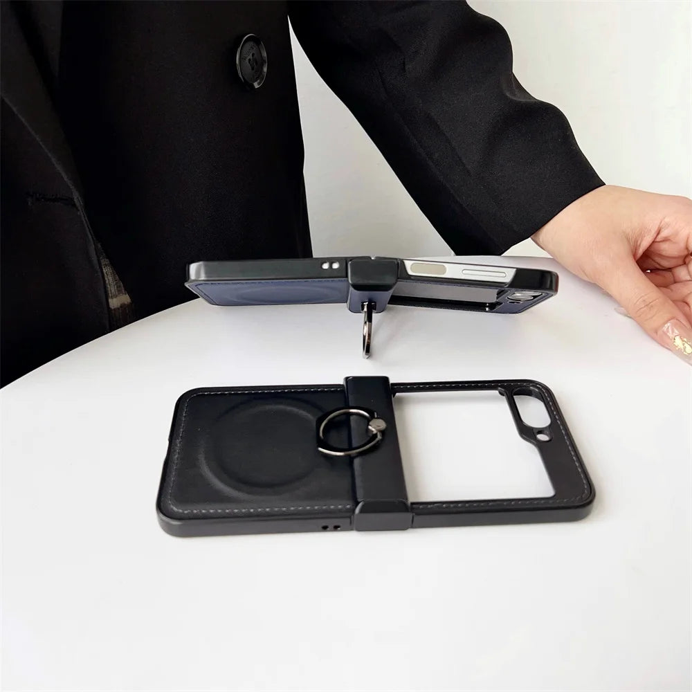 Luxury Leather Ring Holder for Magsafe Case for Samsung Galaxy Z Flip 6 5 4 3 7 flip6 Flip5 Magnetic Bracket Shockproof Cover