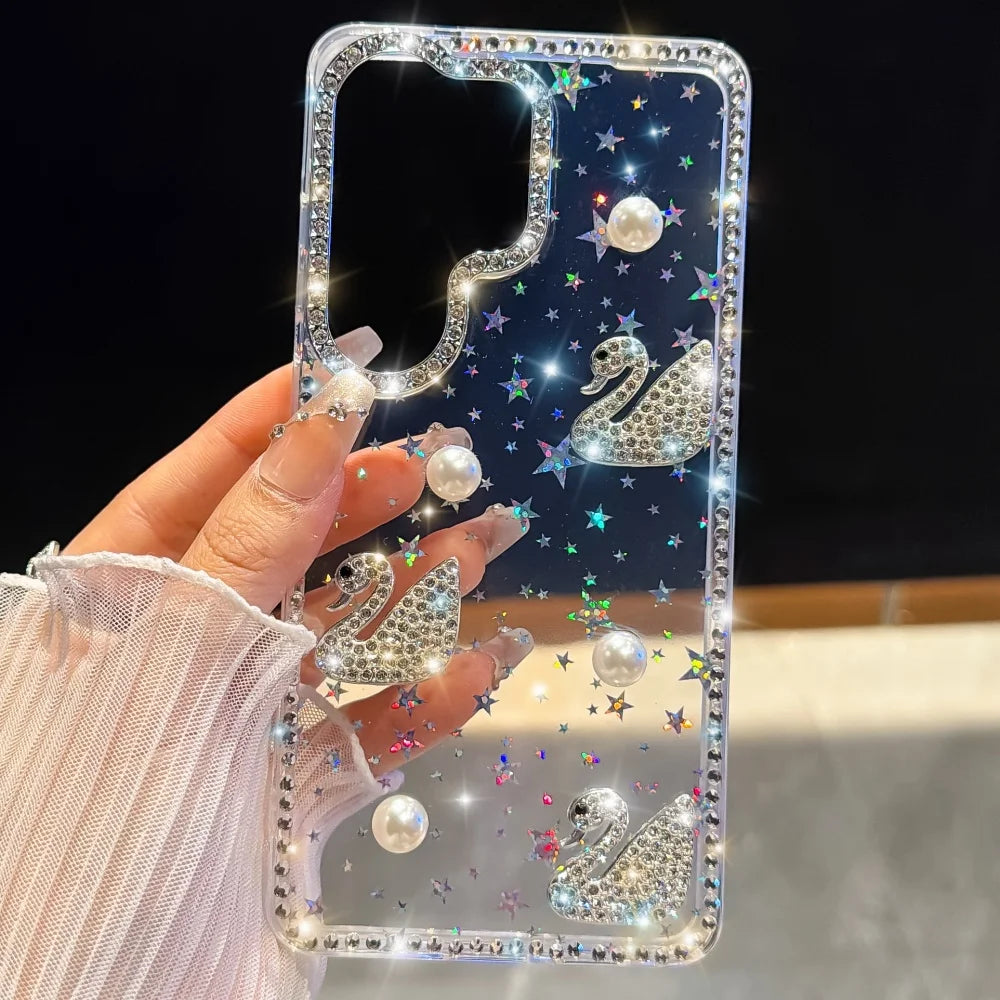 Luxury Diamond Swan Cover For Samsung Galaxy S26 Ultra S26 Plus Laser Heart Case For Samsung S23 S24 Ultra S25 Plus Pearl Case