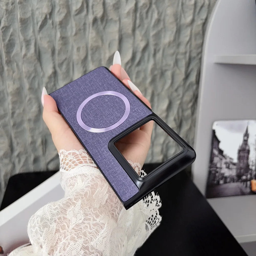 with Magnetic Ring Plain Leather Case For Motorola Razr Fold Luxury Cloth Wireless Charging Protective Cover
