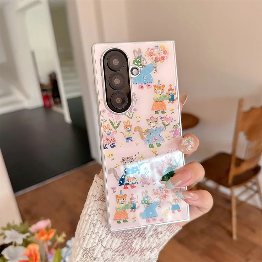 Korean Cute Flower Kitten Glass Phone Case for Samsung Galaxy Z Fold 7 6 Fold 6 Fold 7 Fold 6 7 Cover Fashion Shockproof Funda