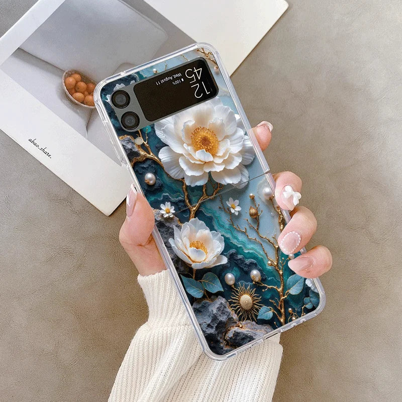 White Camellia Flower Marble Texture Phone Case for Samsung Galaxy Z Flip 7 Flip6 5 4 3 5G Folding Cover for Z Flip7 Flip5 Shell