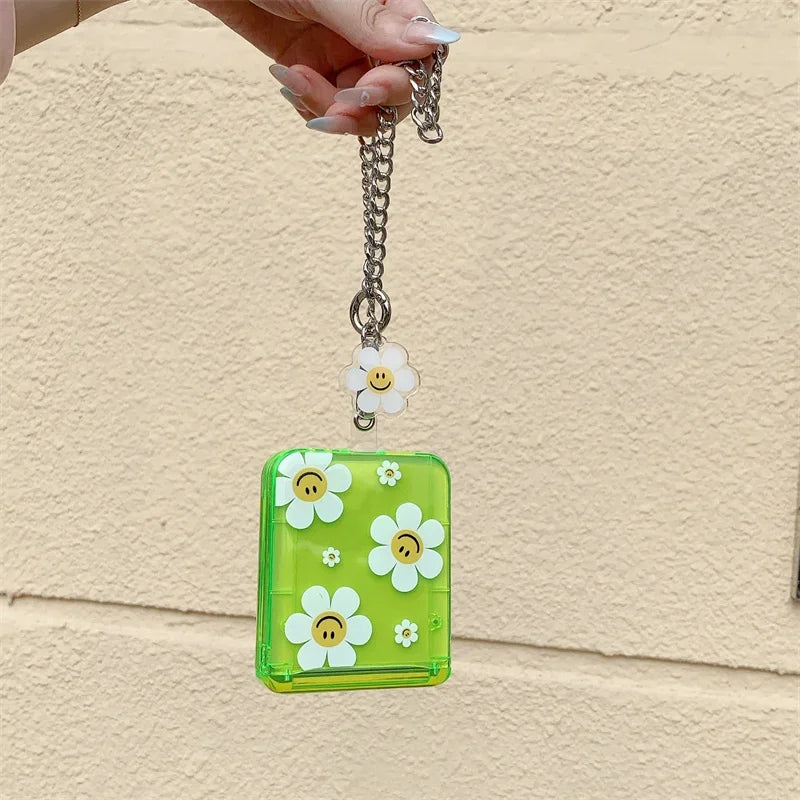 Phone Case For Samsung Galaxy Z Flip 7 FE 6 5 4 3 Fluorescent Green Insert Cards Cute Flower Stand Bracelet Shockproof Cover