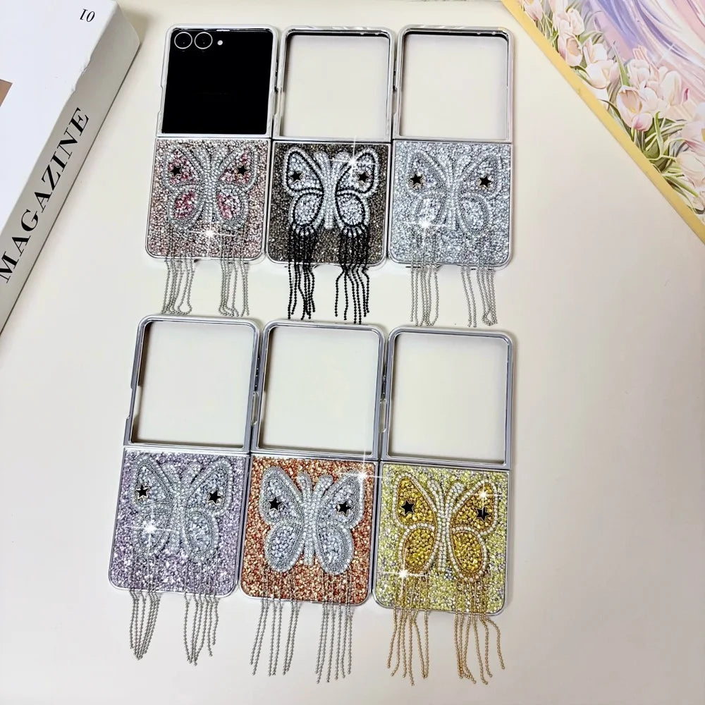 Electroplating Large Diamond Butterfly Tassel Phone Case for Samsung Z Fold 8 Ultra Z Fold 7 6 5 4 Z Flip 8 7 6 5 4 Wide Cover
