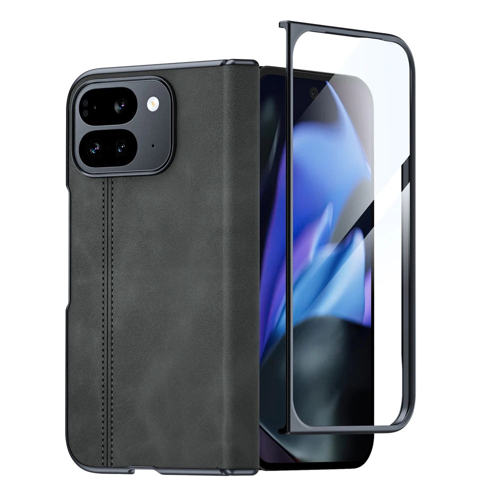 for Google Pixel 9 Pro Fold Phone Case, Sheepskin Texture Magnetic Hinge Protective Case, Integrated Protective Film