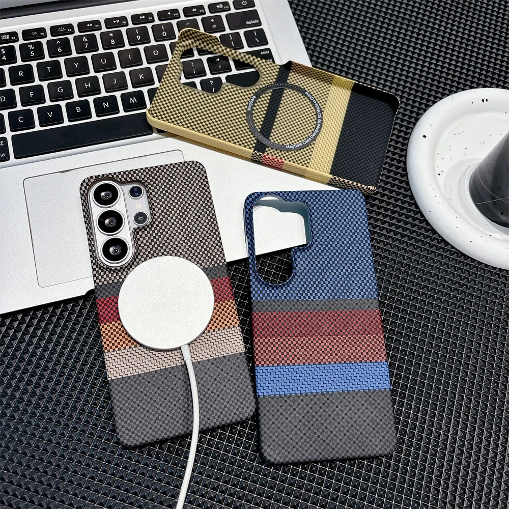 Luxury Carbon Fiber Wireless Charging For Magsafe Case for Samsung Galaxy S26 Ultra S26 Plus Alloy Lens Protection Hard Cover