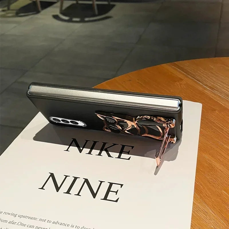 Luxury Fashion Cartoon Electroplated Dog Bracket Case For Samsung Galaxy Z Fold 7 6 5 4 3 2 5G Shockproof Matte Skin Feel Cover