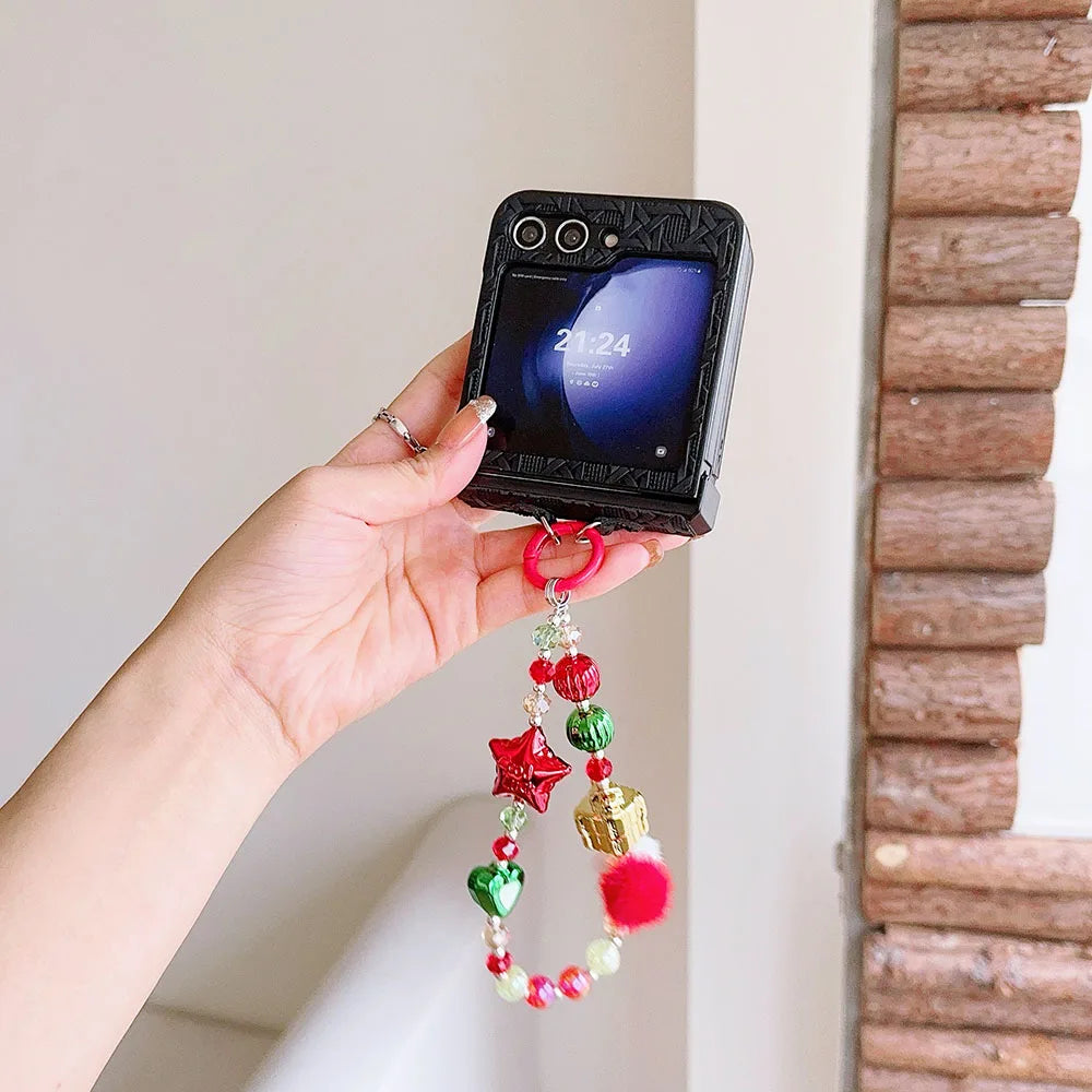 For Moto Motorola Razr 50 Ultra Cute Christmas Lucky Star Heart Fur Ball Pearl Wrist Chain Strap Phone Case Cover