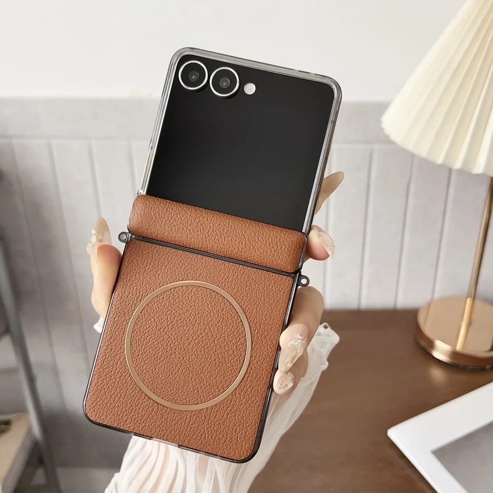 Luxury Plating for Magsafe Case for Samsung Galaxy Z Flip 7 Flip7 ZFlip7 PU Leather Magnetic 360 Hinge Protection Phone Cover