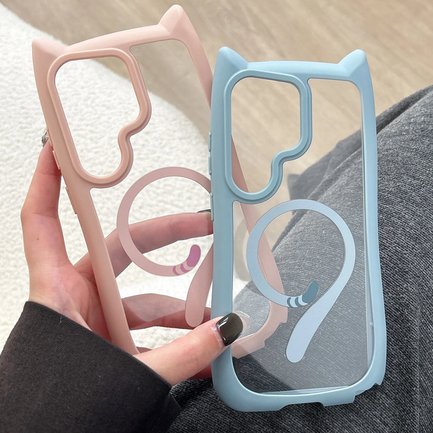 Lovely Cat Ear For Samsung Galaxy S26 Ultra Magnetic Wireless Charging Case For Samsung S26 Plus S25 S24 Transparent Hard Cover