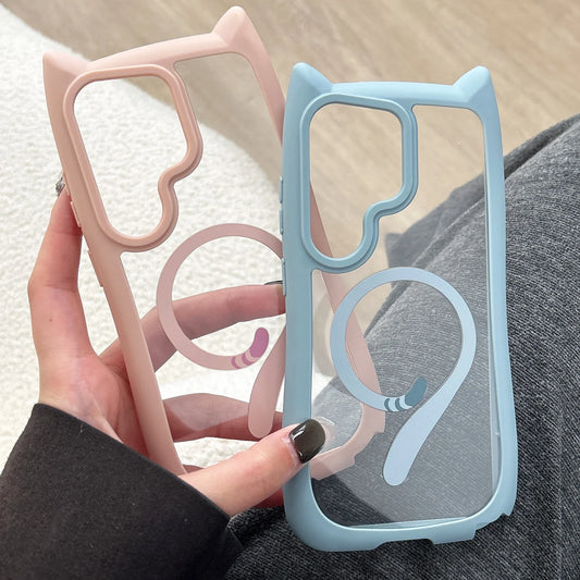 Lovely Cat Ear For Samsung Galaxy S26 Ultra Magnetic Wireless Charging Case For Samsung S26 Plus S25 S24 Transparent Hard Cover