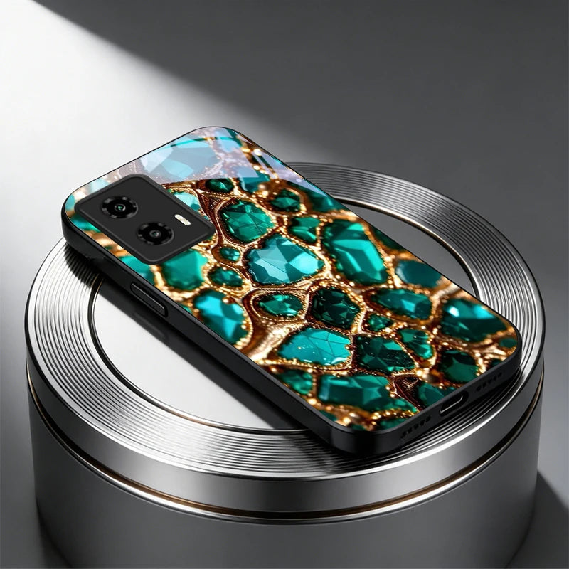 Luxury Green Gem Golden Black Glass Phone Case For Motorola Moto Edge 60 70 20 Lite 30 Pro 40 50 Ultra G45 G54 G55 G75 84 Cover