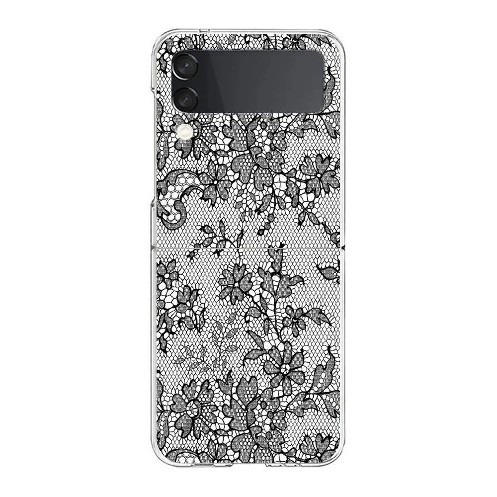 Transparent Phone Case For Samsung Galaxy Z Flip 3 4 5 6 7 Hard Folding PC Z Flip3 Flip4 Cover Lace Printed