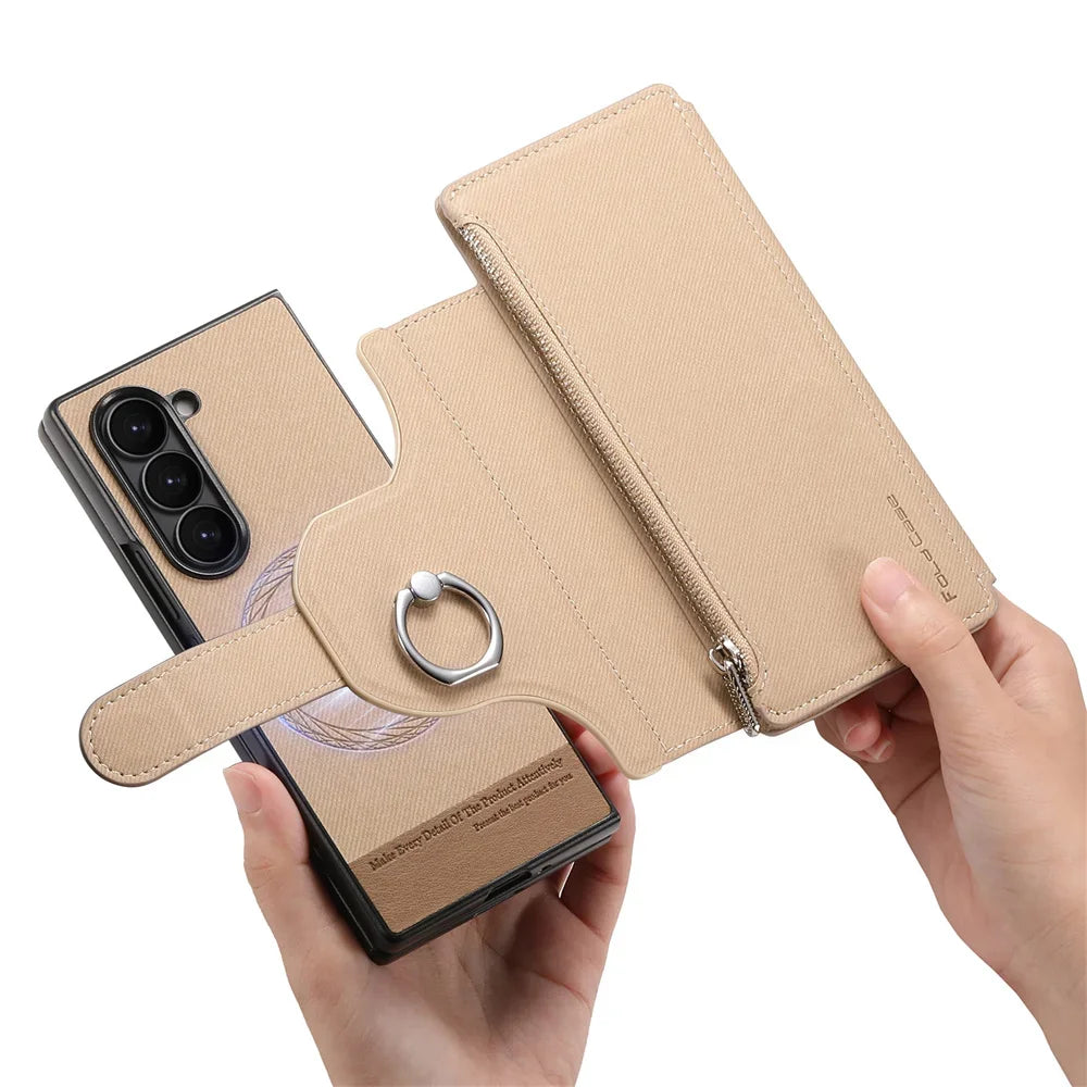 2 in 1 Detachable Magnetic Phone Case for Samsung Galaxy Z Fold 7 6 5 4 Fold7 Fold6 Ring Zipper Wallet Leather Protective Cover