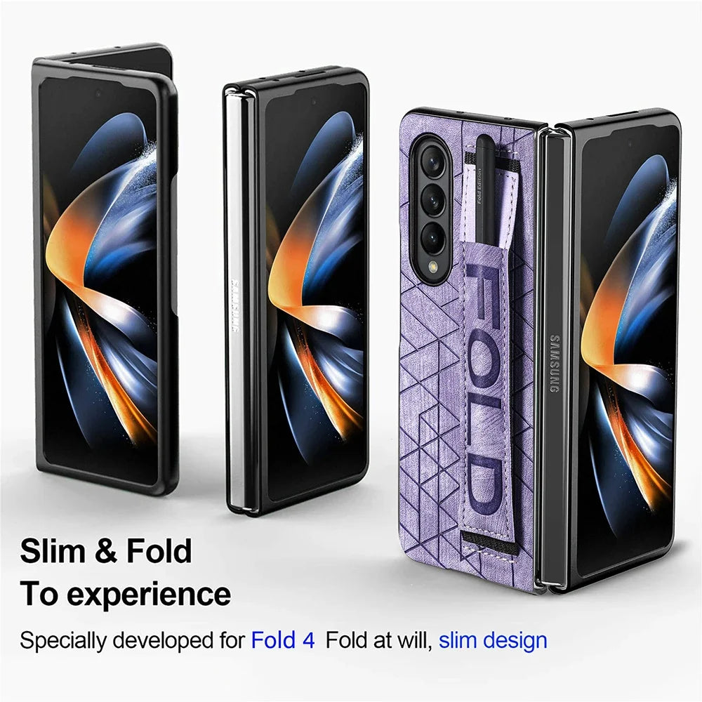 Leather Case for Samsung Galaxy Z Fold 6 5 4 3 5G Cover Stripe Geometric Soft Shockproof Hand Band SPen Slot Shell Funda Holster