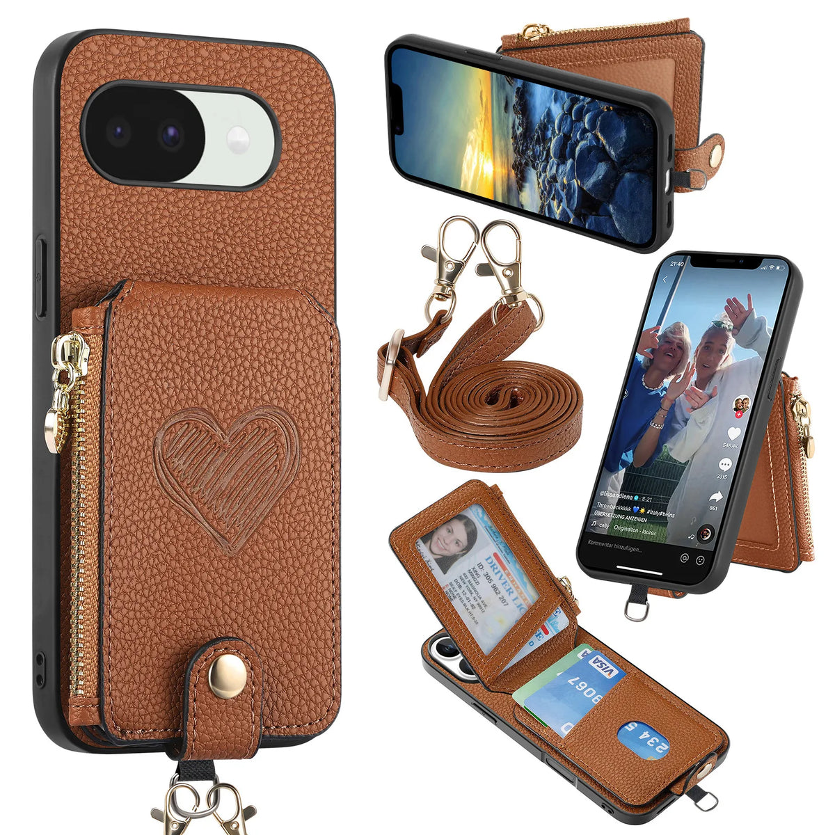 Crossbody Long Lanyard Zipper Cards Sold Wallet Leather Case for Google Pixel 10 Pro XL 9A 8A 7A 6A Shockproof Stand Slim Cover