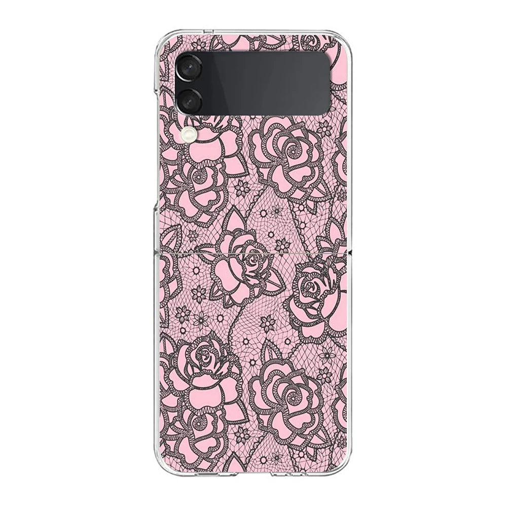 Transparent Phone Case For Samsung Galaxy Z Flip 3 4 5 6 7 Hard Folding PC Z Flip3 Flip4 Cover Lace Printed