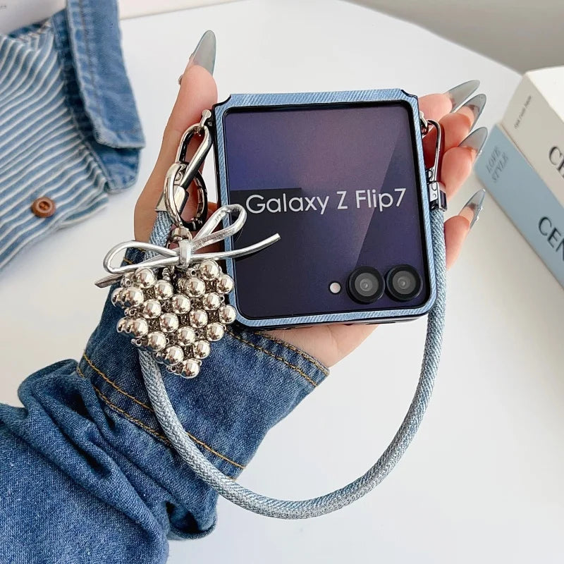 Fashion Denim Fabric Cute Phone Case For Samsung Galaxy Z Flip 7 6 5 4 Z Flip6 Z Flip7FE Cover with Hand Rope Cute Hinge Cases