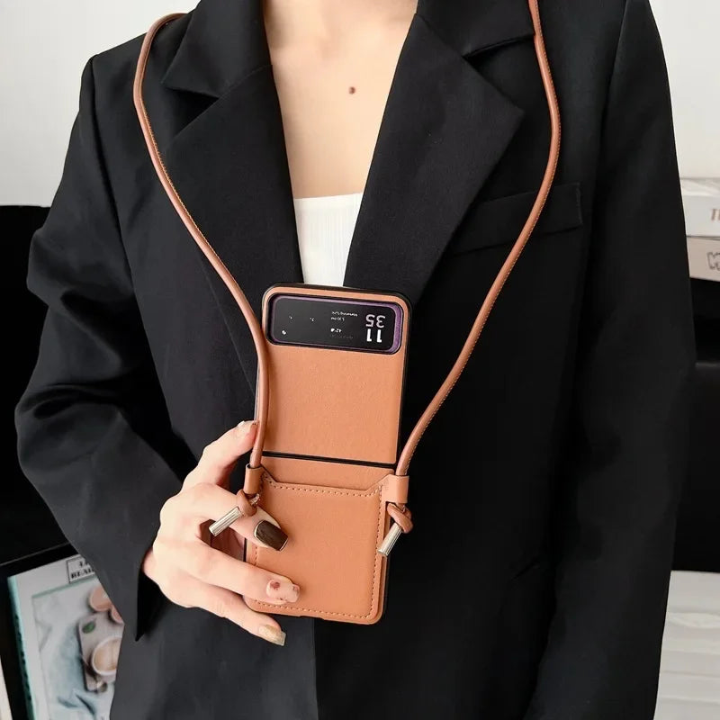 Luxury Simple Business Crossbody Lanyard Card Holder Phone Case For Motorola Razr 50 40 Moto Razr40 Razr50 2024 Leather Cover
