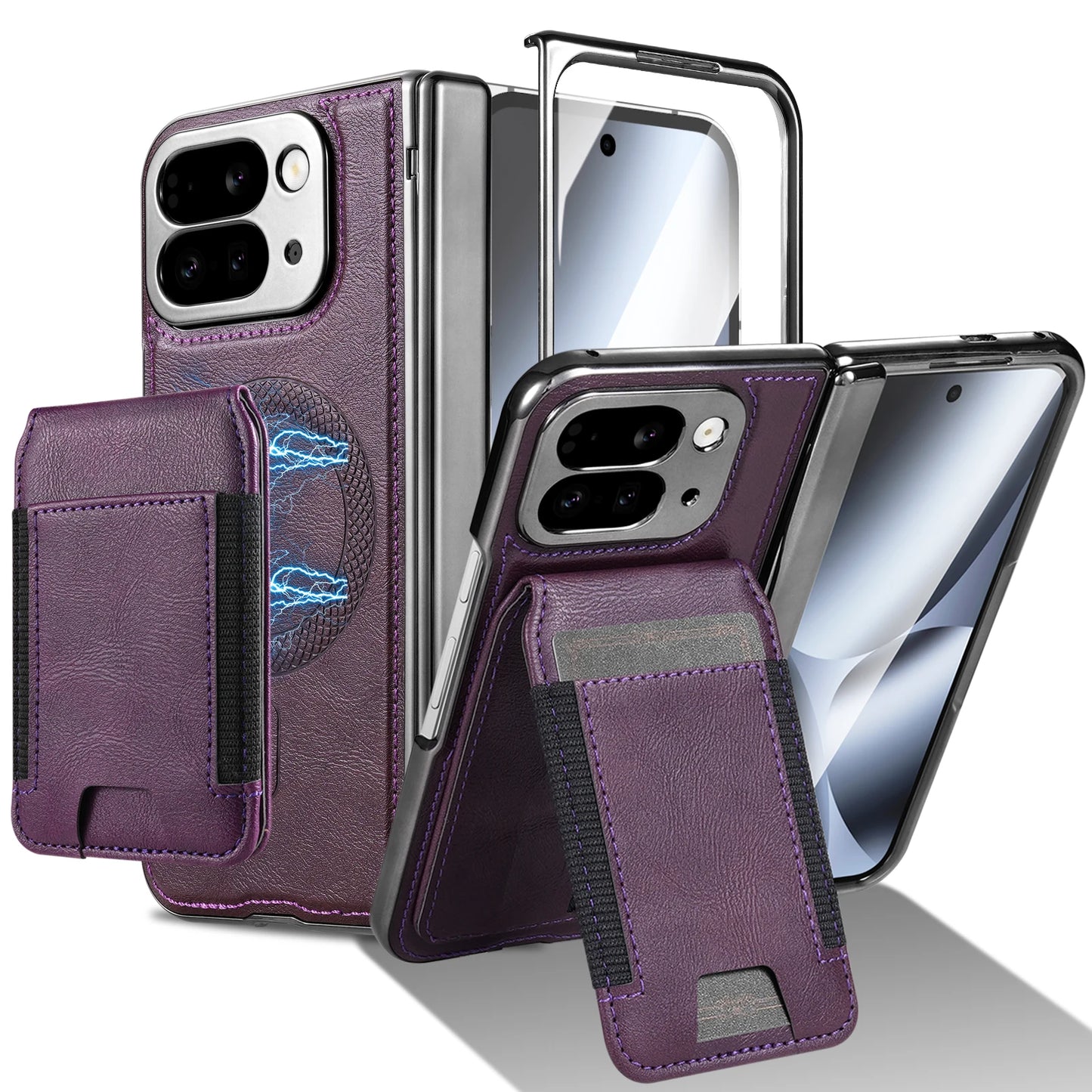 Leather stand protective strap and magnetic tempered glass screen protector phone case for Google Pixel 10 Pro Fold
