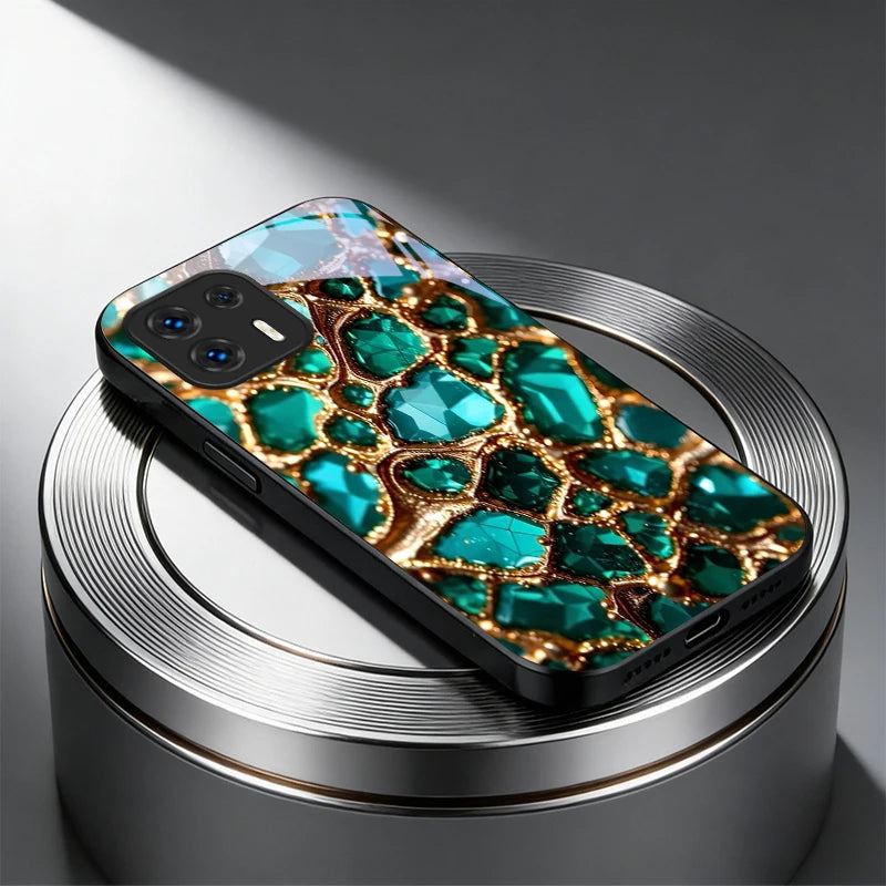 Luxury Green Gem Golden Black Glass Phone Case For Motorola Moto Edge 60 70 20 Lite 30 Pro 40 50 Ultra G45 G54 G55 G75 84 Cover