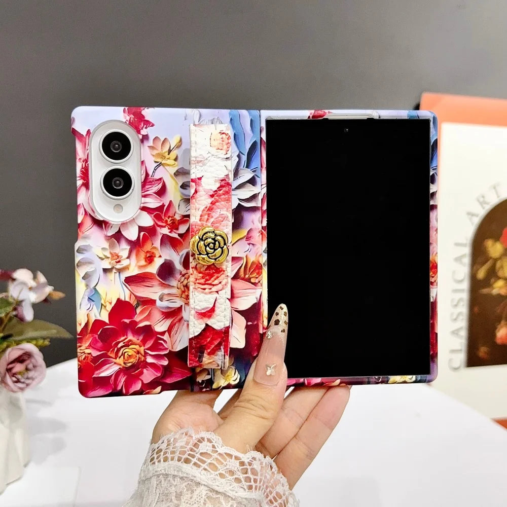 INS Relief Colorful Oil Painting Flower Lanyard All-inclusive Case For Samsung Galaxy Z Fold 8 Ultra Fold 7 Wrist Strap PC Cover