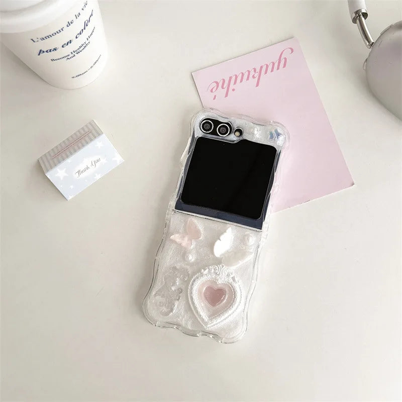 Luxury 3D Butterfly Love Heart Wavy Phone Case For Samsung Galaxy Z Flip 7 6 5 4 3 Zflip7 Zflip6 With Lanyard Shockproof Cover