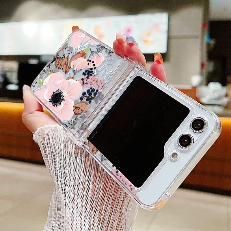 Flower Pattern Folding Case For Samsung Galaxy Z Flip7 FE Flip7 Flip6 Clear Shockproof Cover For Samsung Galaxy Z Flip 7 6 5 4 3