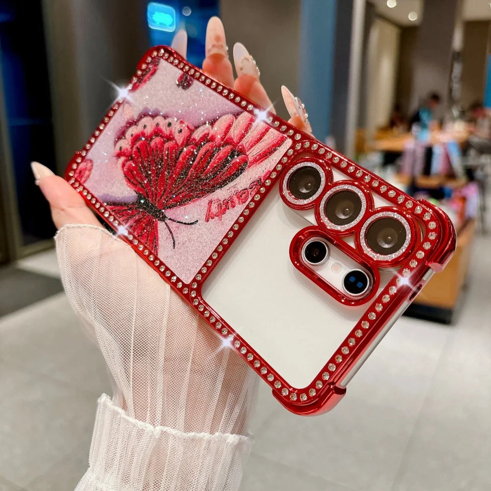Bling Glitter Diamond Butterfly Phone Case For Samsung Galaxy S26 S25 S24 S23 S22 Ultra Lens Protection Plating Shockproof Cover
